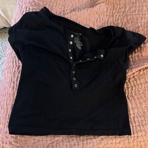 Intimately Free People Black Short Sleeve Button-Up Baby Tee